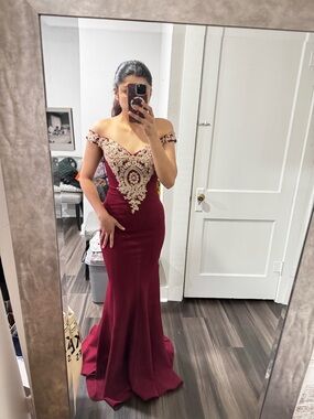 Fiesta Fashion Burgundy Off-Shoulder Prom Dress with Gold Lace Applique